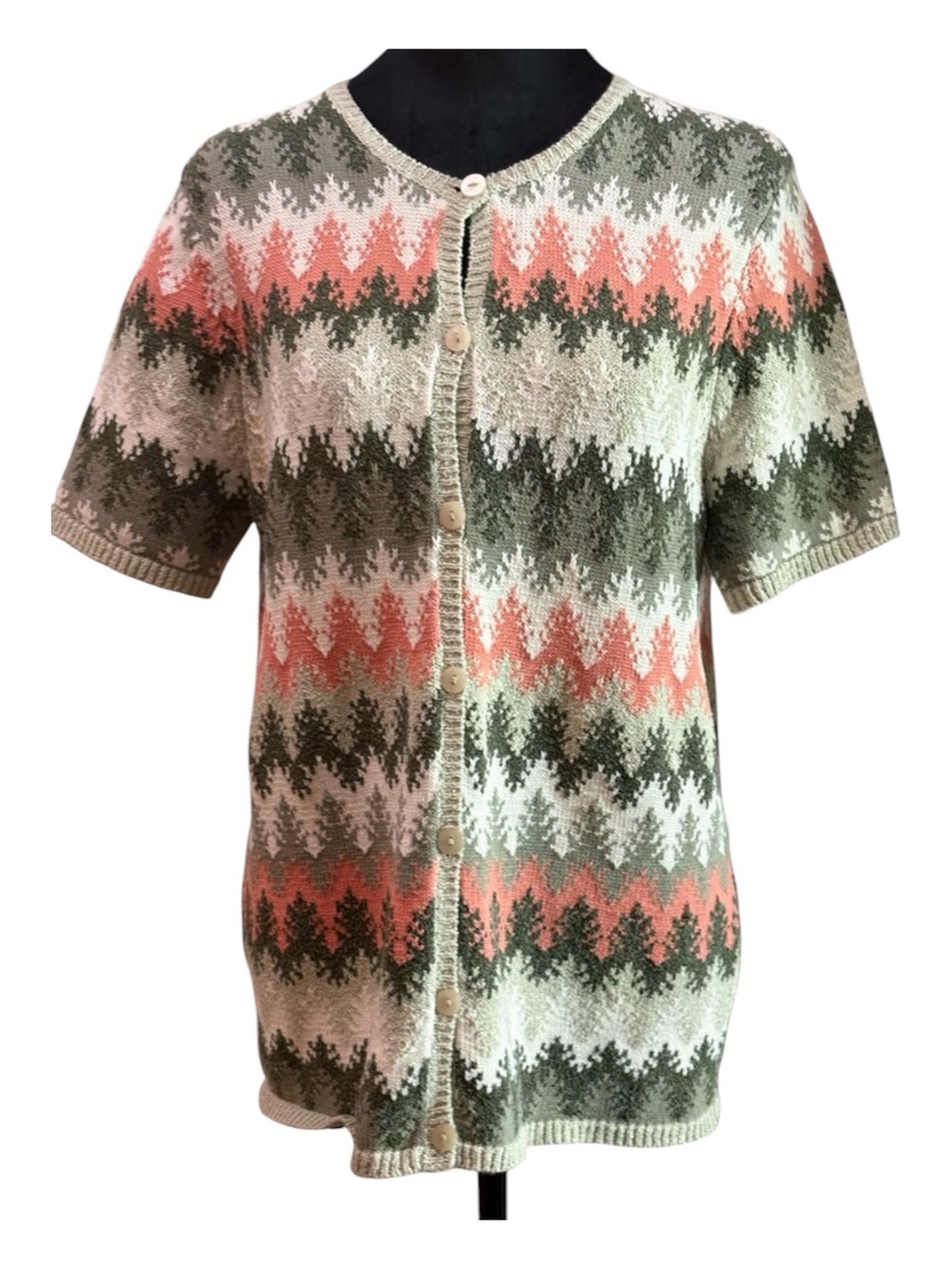 VTG Northern Reflections Short Sleeve Knit Cardigan Zigzag Sage Coral Beige
Sz M